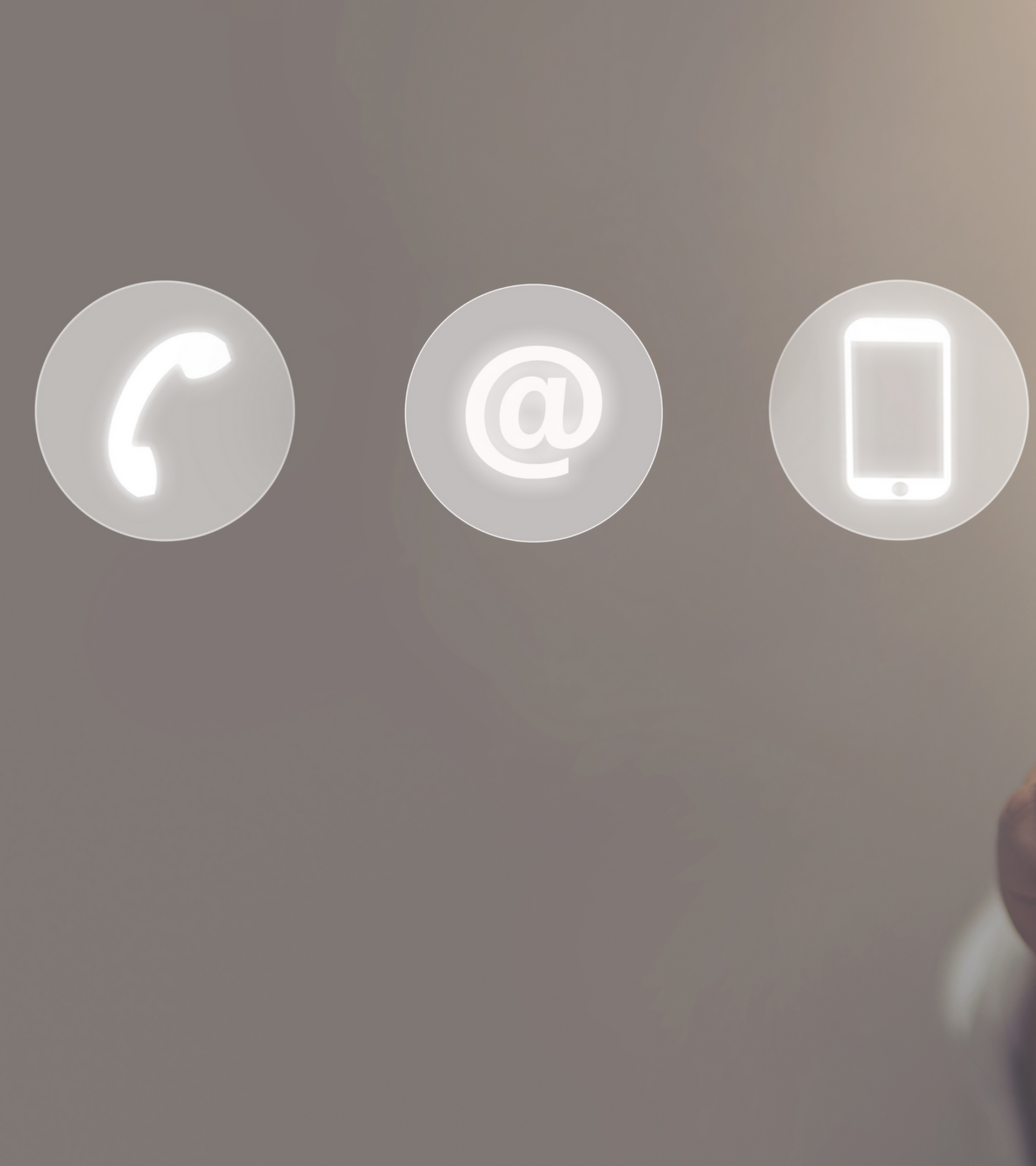 Digital contact icons. The last icon is being pressed by a finger.