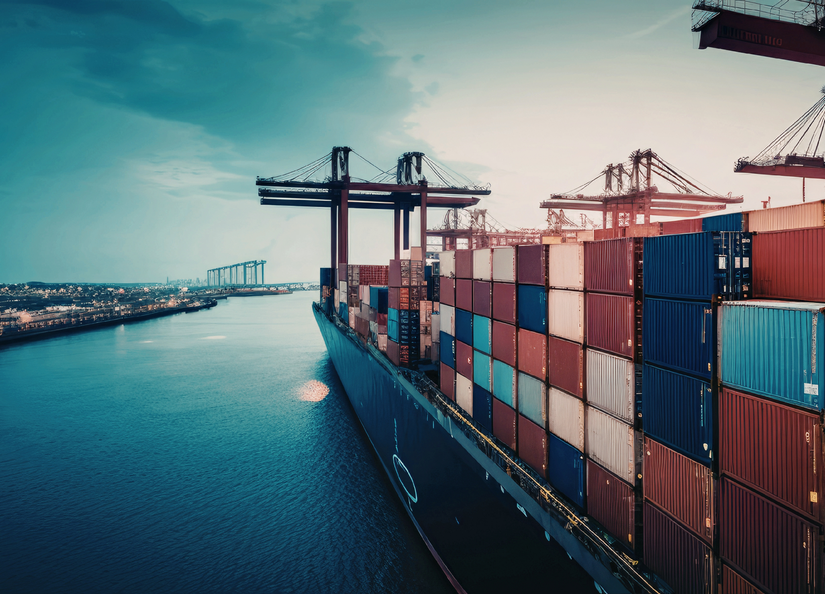 Global shipping containers and port logistics highlighting supply chain risks for construction projects
