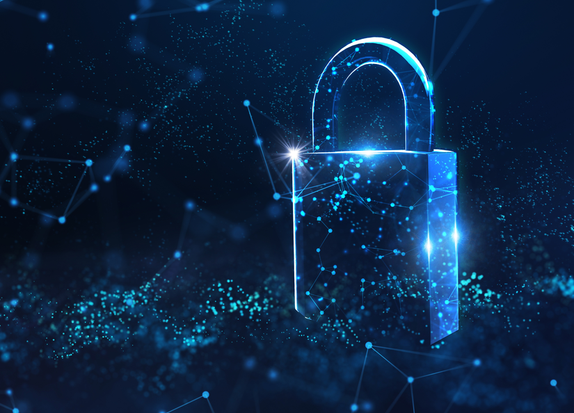 Stock image of a lock made out of digital looking particles