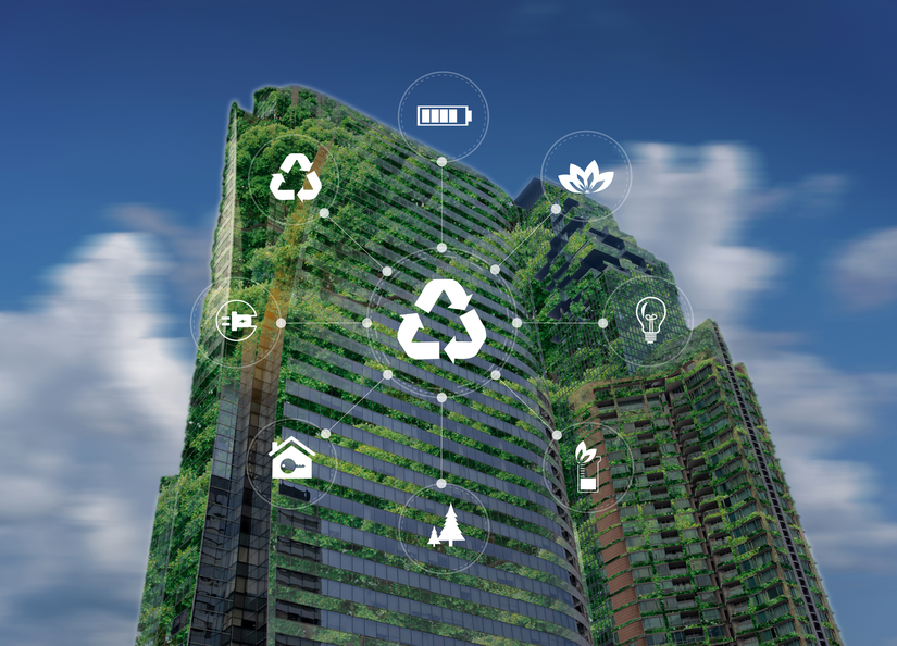 A CGI image of a skyscraper covered in plants with energy symbols superimposed over the top