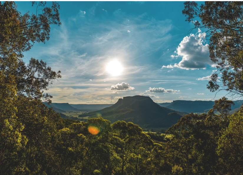 An Australian landscape image featuring gum trees in the foreground, cloudy blue skies and mountains in the background